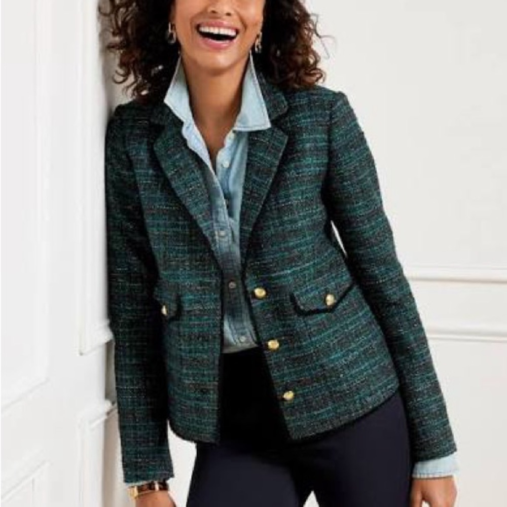 Talbots Teal Tweed Blazer with Gold Buttons Size 14